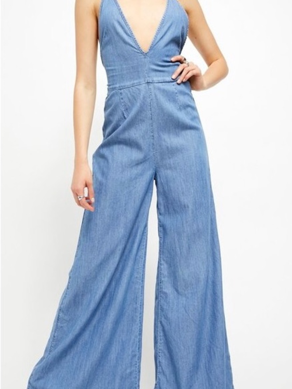Free People Light Blue Wide-Leg Denim Jumpsuit